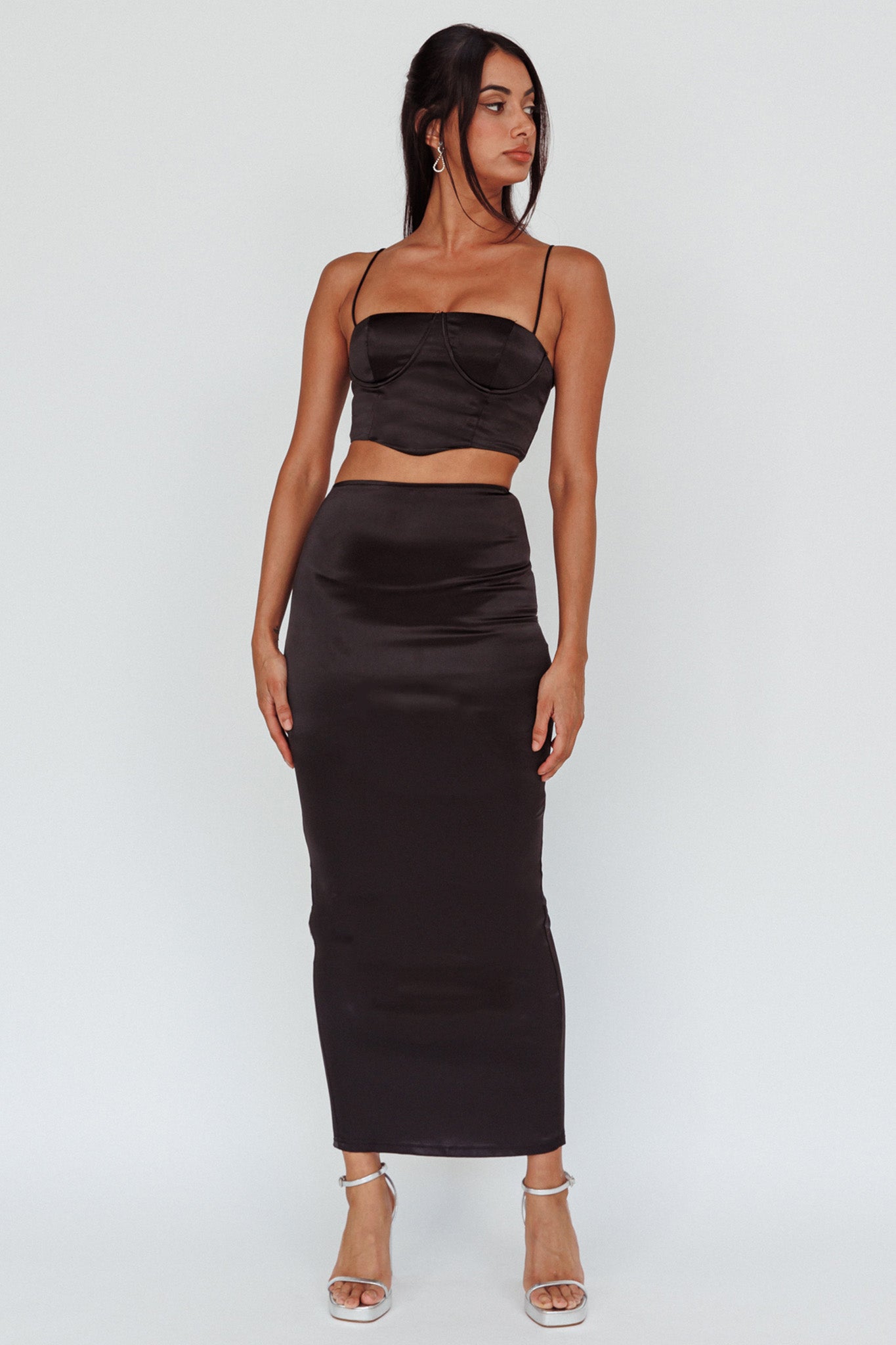Zeina Satin Midi Skirt Black