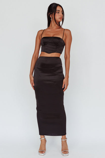 Zeina Satin Midi Skirt Black