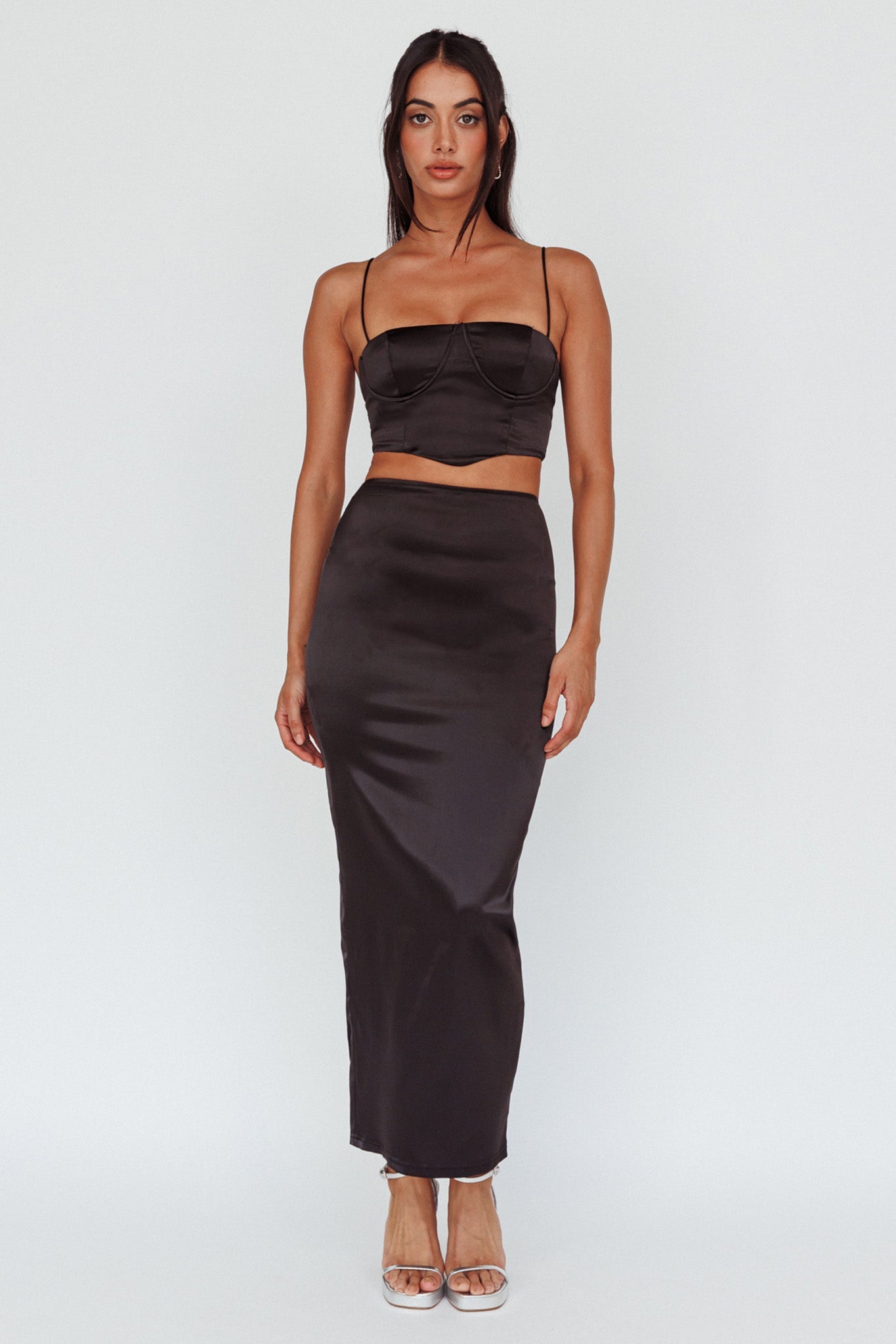 Zeina Satin Midi Skirt Black