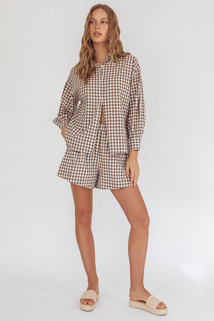 Weekends Away Elastic Waist Shorts Brown Check