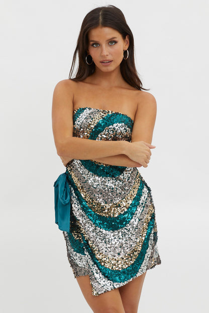 Eyes For You Waist Tie Mini Dress Sequin Green