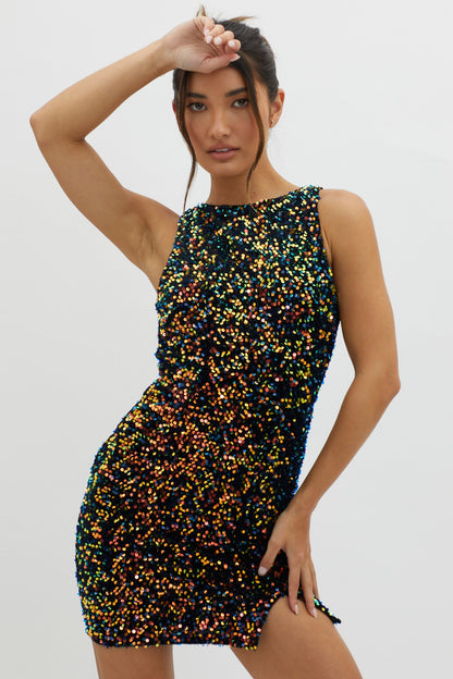 Bedazzle Keyhole Back Sequin Mini Dress Navy