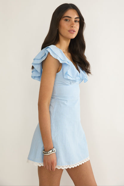 Unpredictable Layered Ruffle Neckline Mini Dress Blue