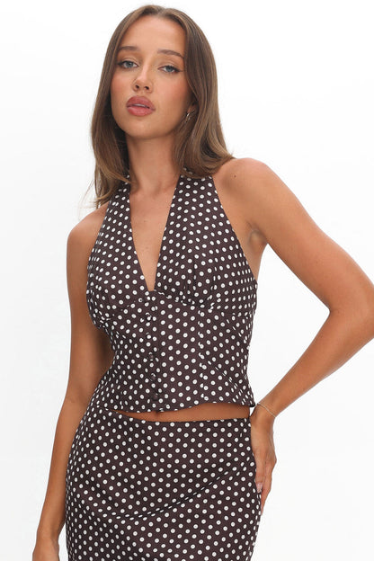 Sundrenched Button Halter Top Polka Dot Chocolate