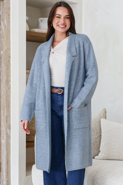 Samson Cardigan - Folded Lapel Collar Coatigan with Pockets in Blue