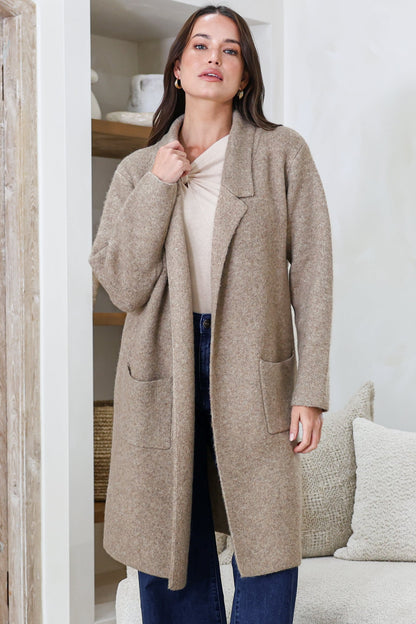 Samson Cardigan - Folded Lapel Collar Coatigan with Pockets in Taupe