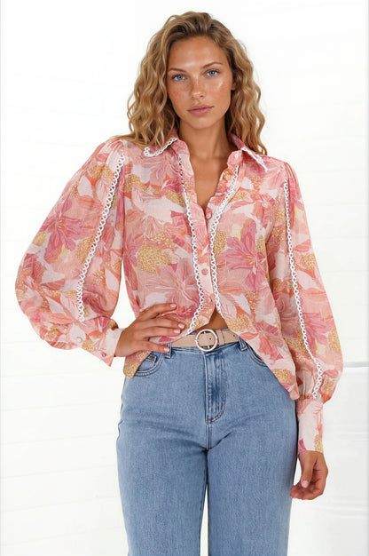 Shiloh Blouse - Contrast Trim Button Down Shirt in Lola Print