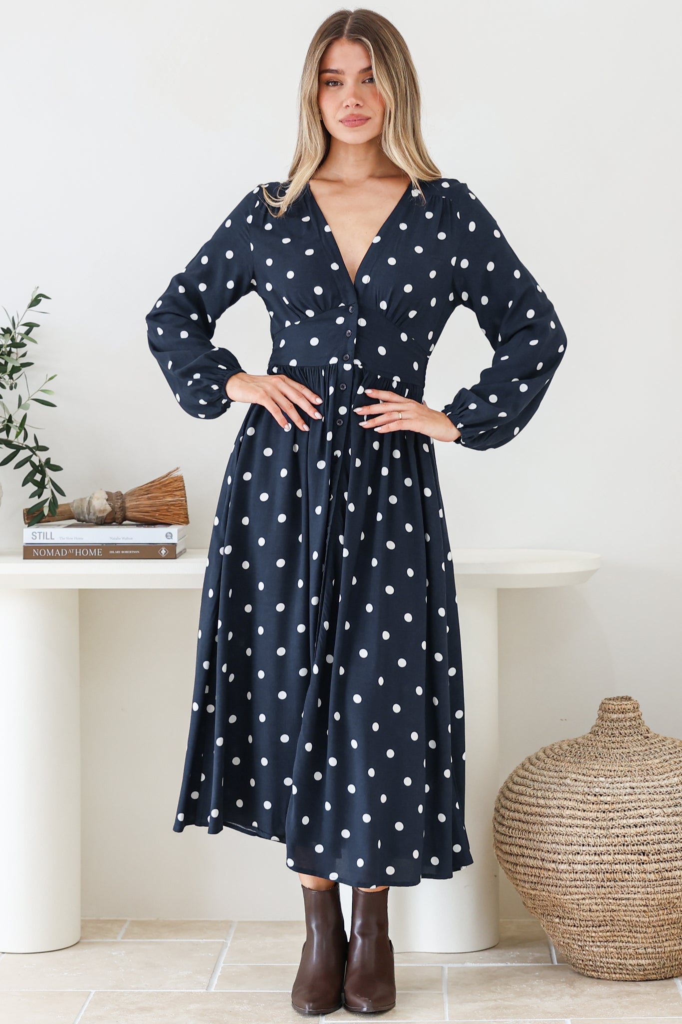 Soho Midi Dress - V Neck Button Down Tiered Dress with Pockets in Parisian Polka Print Navy