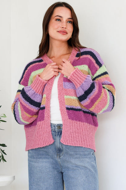 Soren Cardigan - Open Front Striped Knit with Rib Knit Trim in Multicoloured