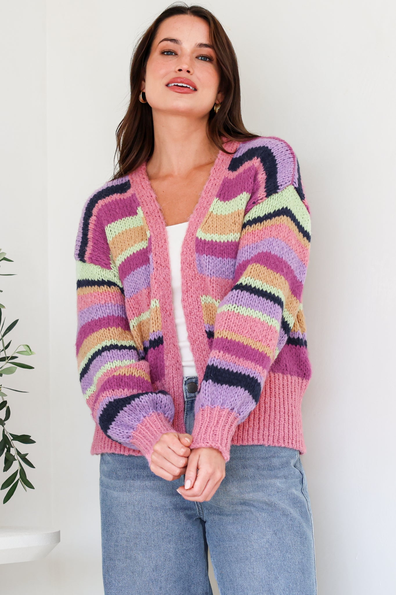 Soren Cardigan - Open Front Striped Knit with Rib Knit Trim in Multicoloured