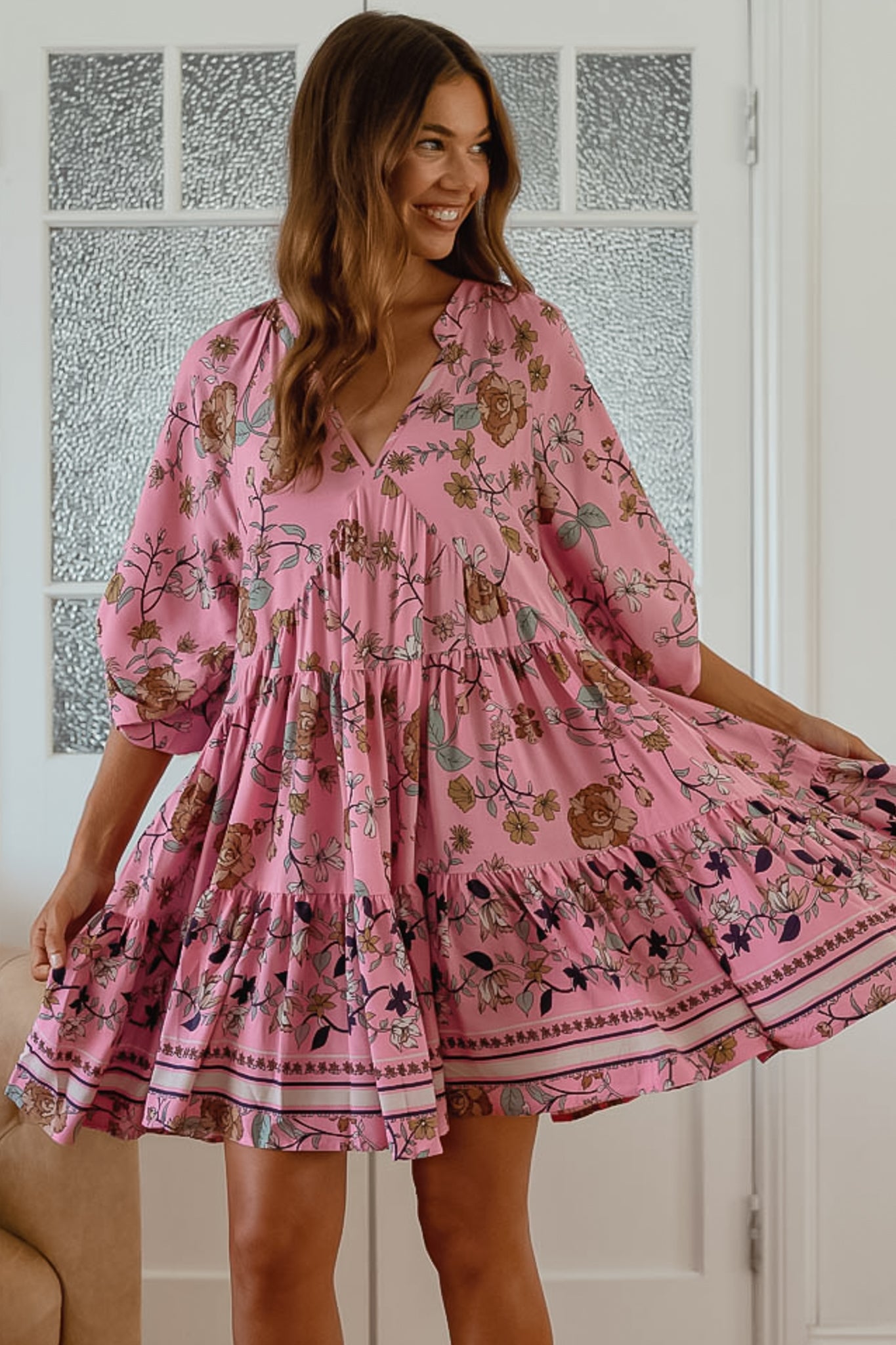 JAASE - Soul Mini Dress: Mandarin Collar V Neck Long Sleeve Smock Dress in the Elara Print