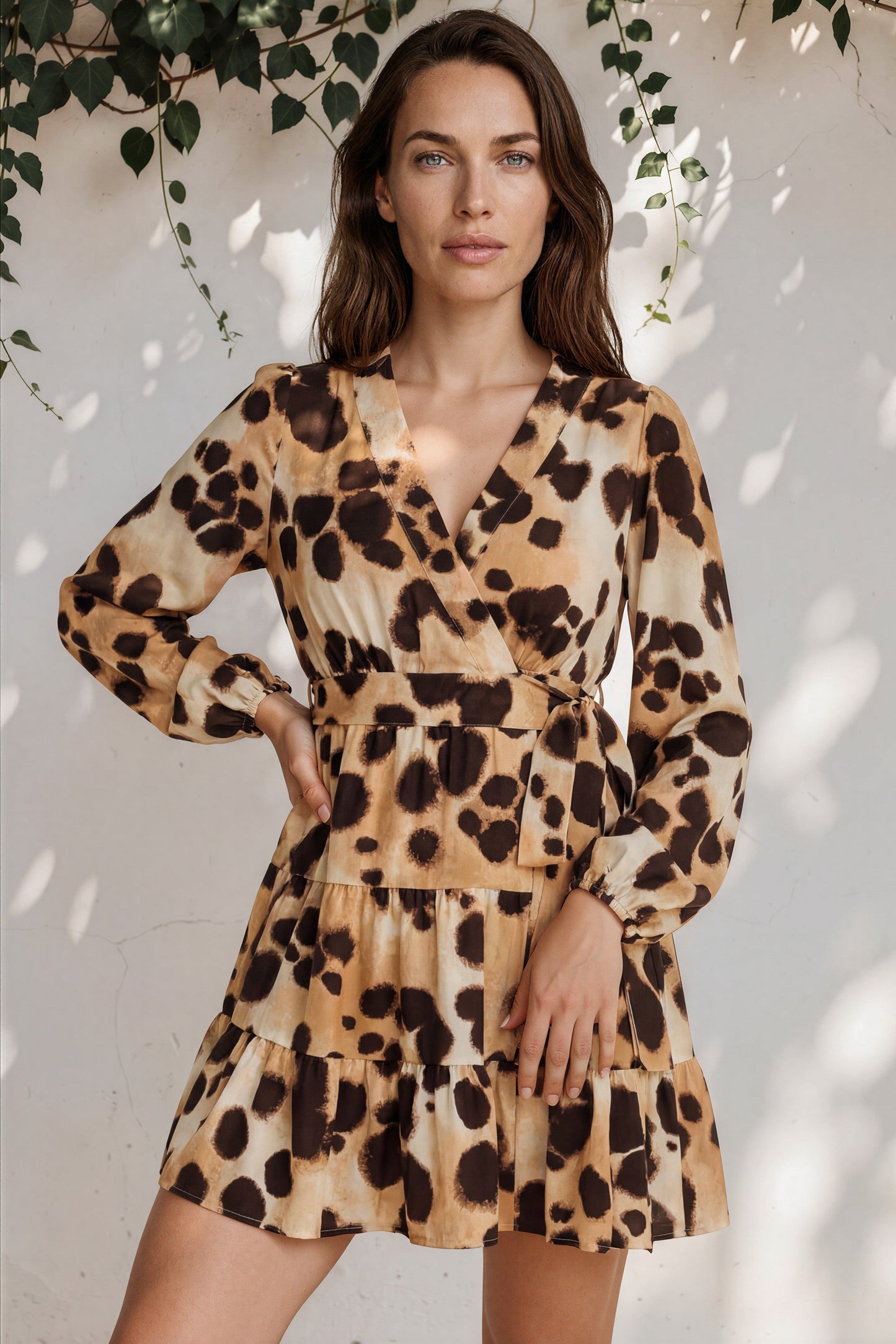 Sybil Mini Dress - Wrap A Line Dress with Long Balloon Sleeves in Leopard Print
