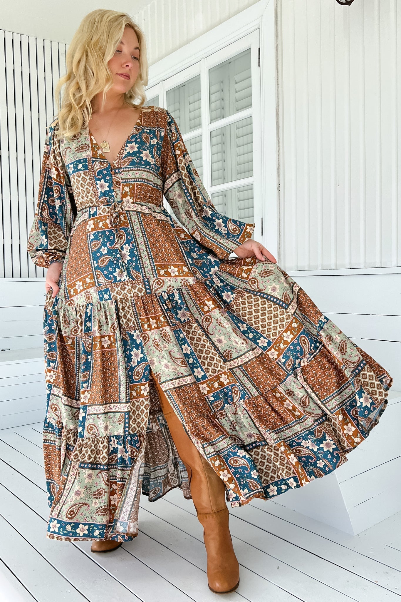 JAASE - Teresa Maxi Dress: A Line Dress with Long Balloon Sleeves in Izabelle Print