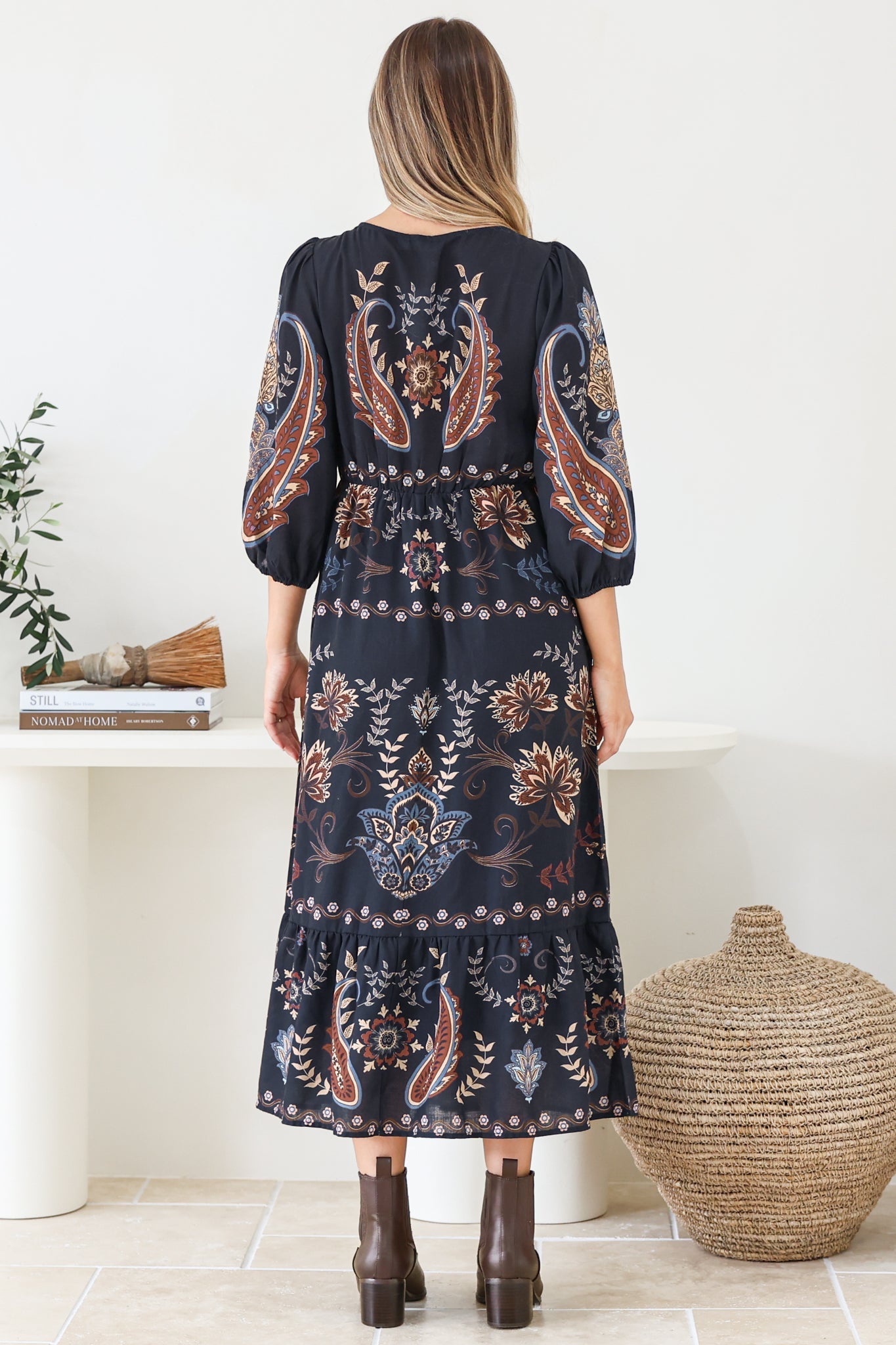 Thanya Midi Dress - V-Neck with Tie Balloon Sleeve Tiered Dress in Magah Print Navy