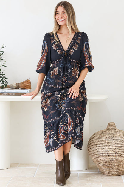 Thanya Midi Dress - V-Neck with Tie Balloon Sleeve Tiered Dress in Magah Print Navy