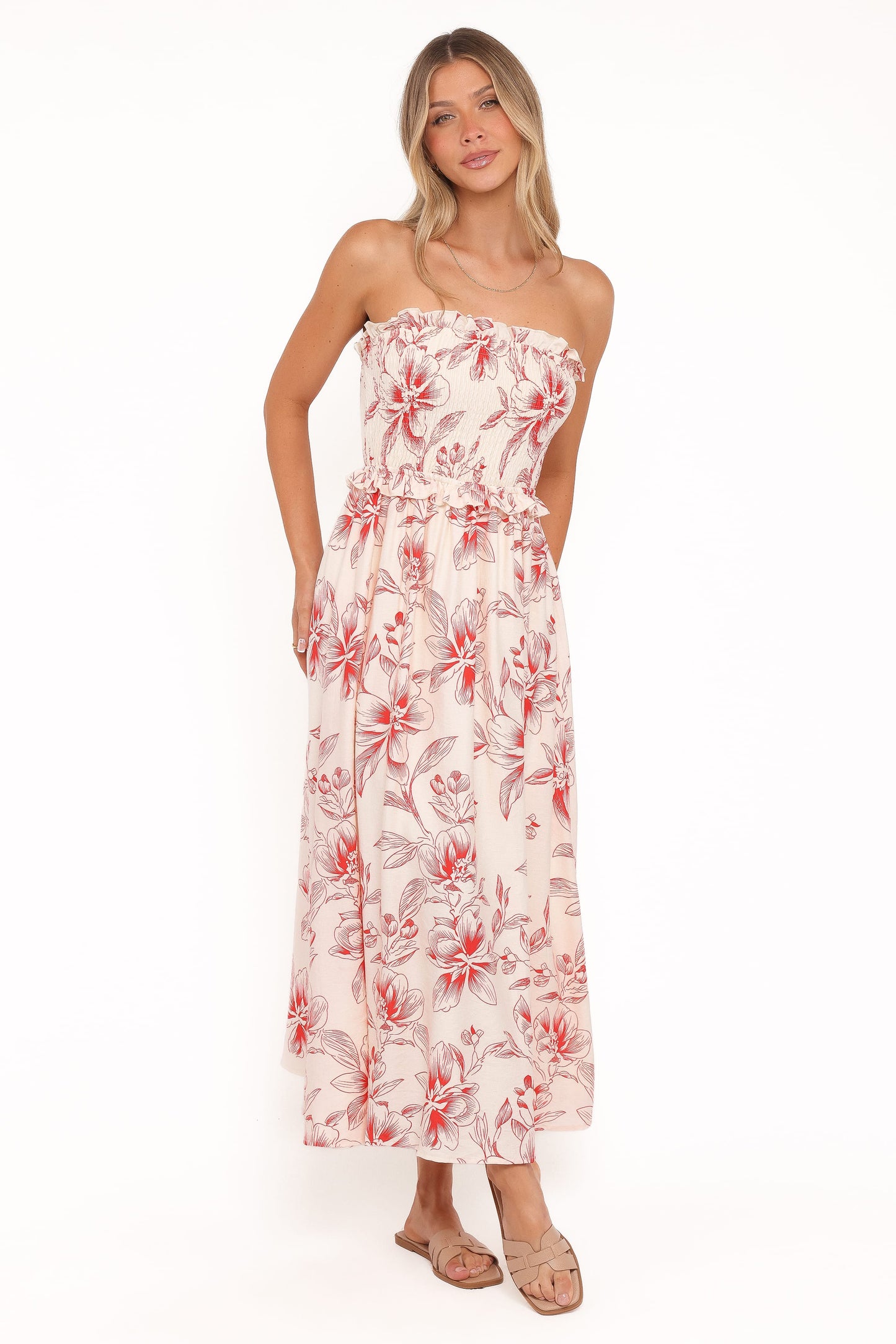Avania Strapless Midi Dress - Red Floral