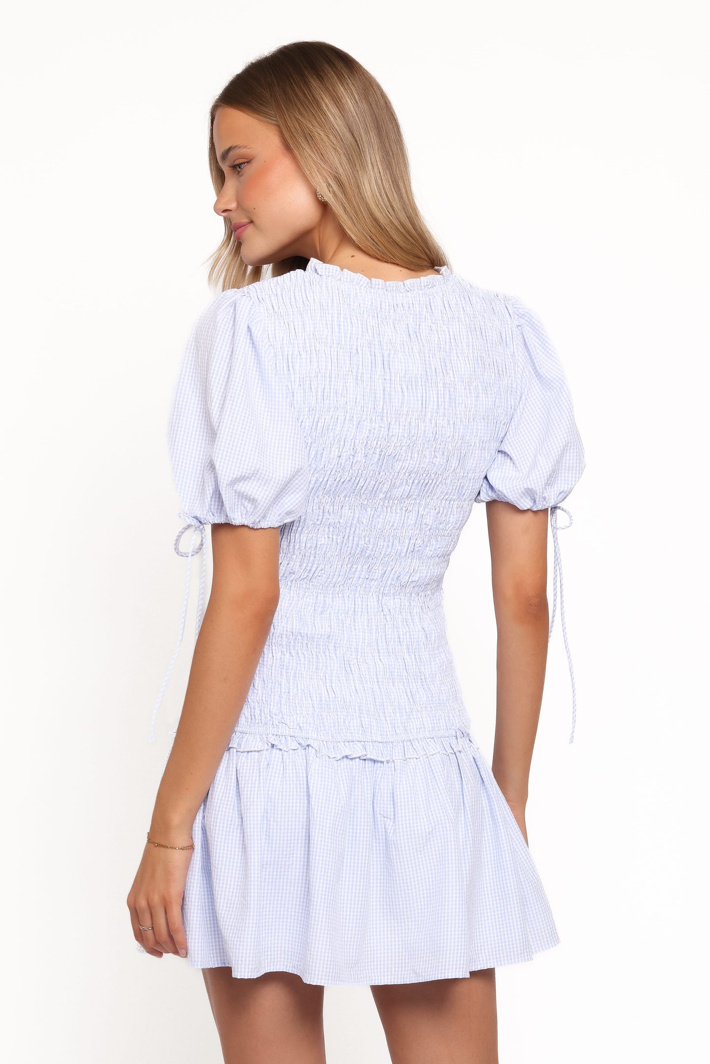 Kaelyn Gather Mini Dress - Blue Gingham