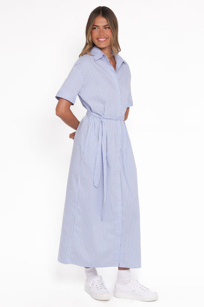 Morrison Short Sleeve Shirt Dress - Blue Brown Stripe