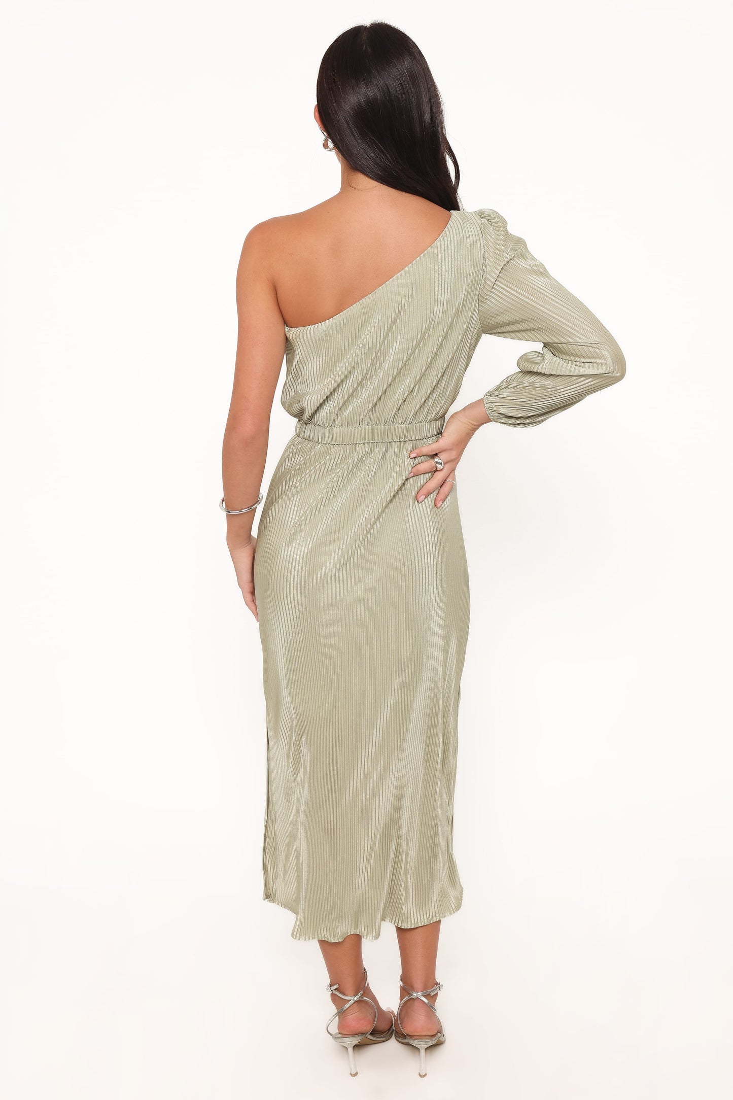 Pontee One Shoulder Pleated Midi Dress - Sage Green