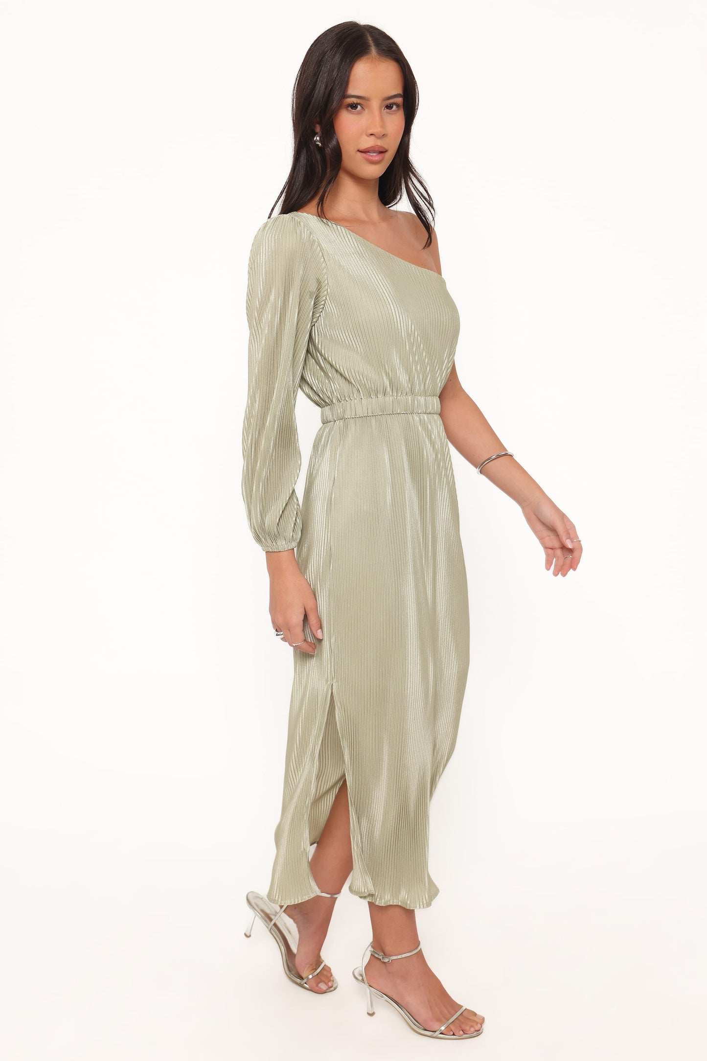 Pontee One Shoulder Pleated Midi Dress - Sage Green