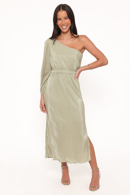 Pontee One Shoulder Pleated Midi Dress - Sage Green