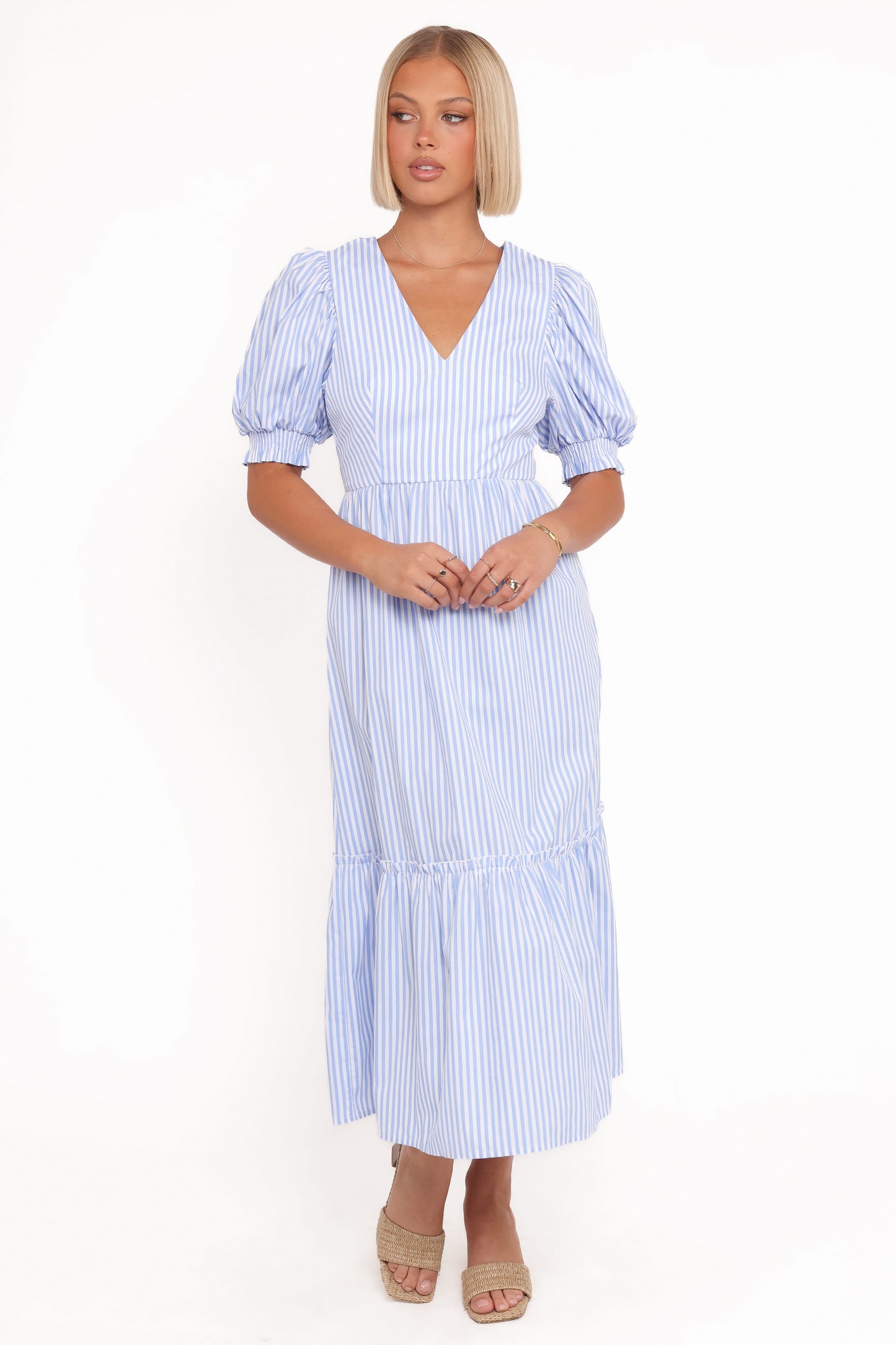 Steele Puff Sleeve Midi Dress - Blue Stripe