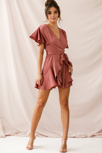 Cami Angel Sleeve Faux Wrap Dress Rose