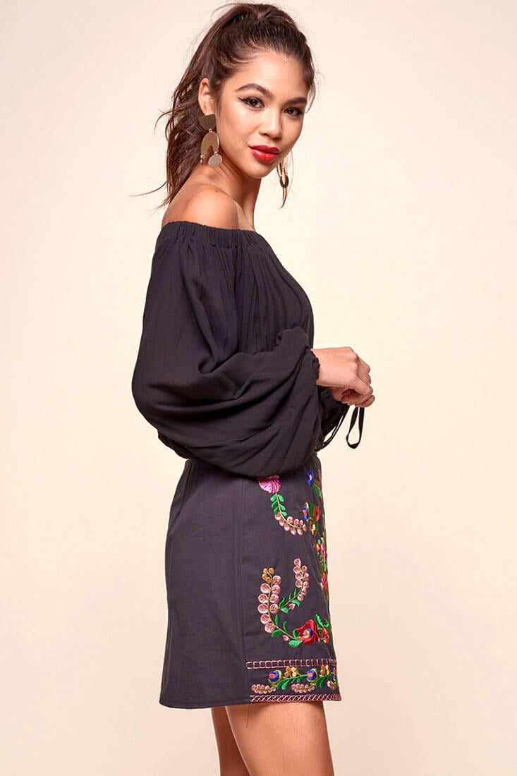 Nina San Lucas Floral Embroidered Mini Skirt Black
