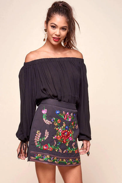 Nina San Lucas Floral Embroidered Mini Skirt Black