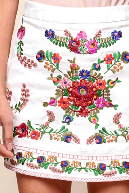 Nina San Lucas Floral Embroidered Mini Skirt White
